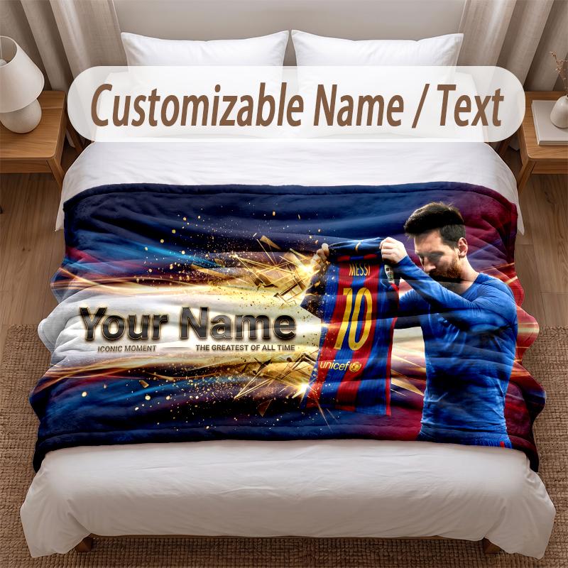 Lionel Messi Printed Flannel Blanket Custom Name Text Soft Warm Throw For Bedroom Holiday Gift