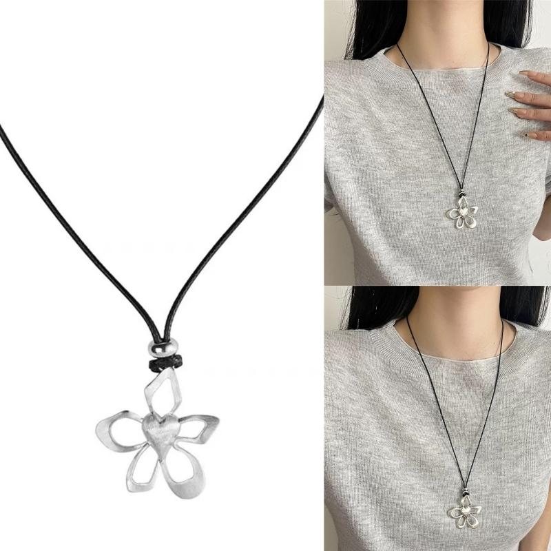 Adjustable Bohemian Hollow Flower Clavicle Necklace For Women Handmade Black Wax Cord Floral Neckchain Jewelry