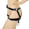 A Black Pu Leather Waist And Thigh Strap With Circular Ring Accents, Featuring An Adjustable Harness Design. Embodying A Sexy Go
