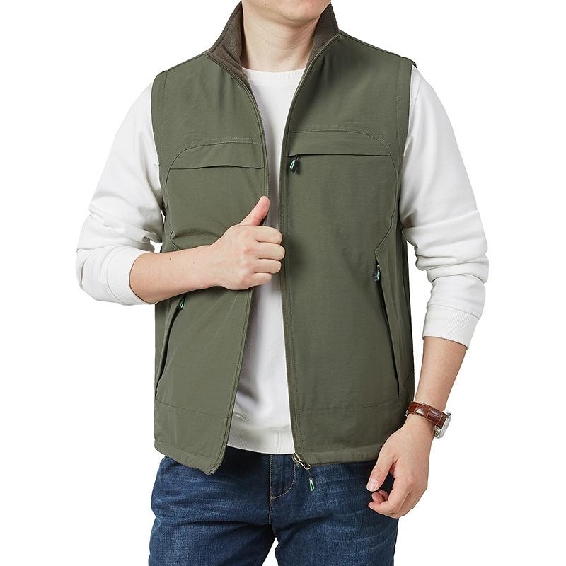 Men's Casual Vest with Velvet Warm Double-sided Wear Autumn New Standing Collar Middle-aged and Young Workhorse Clip Top Coat