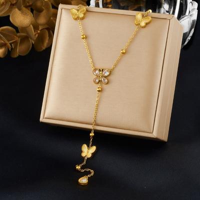 Gold Plated CZ Butterfly Y-Shaped Necklace, Stainless Steel Dainty Heart Pendant Choker, Waterproof Elegant Jewelry for Women Gift