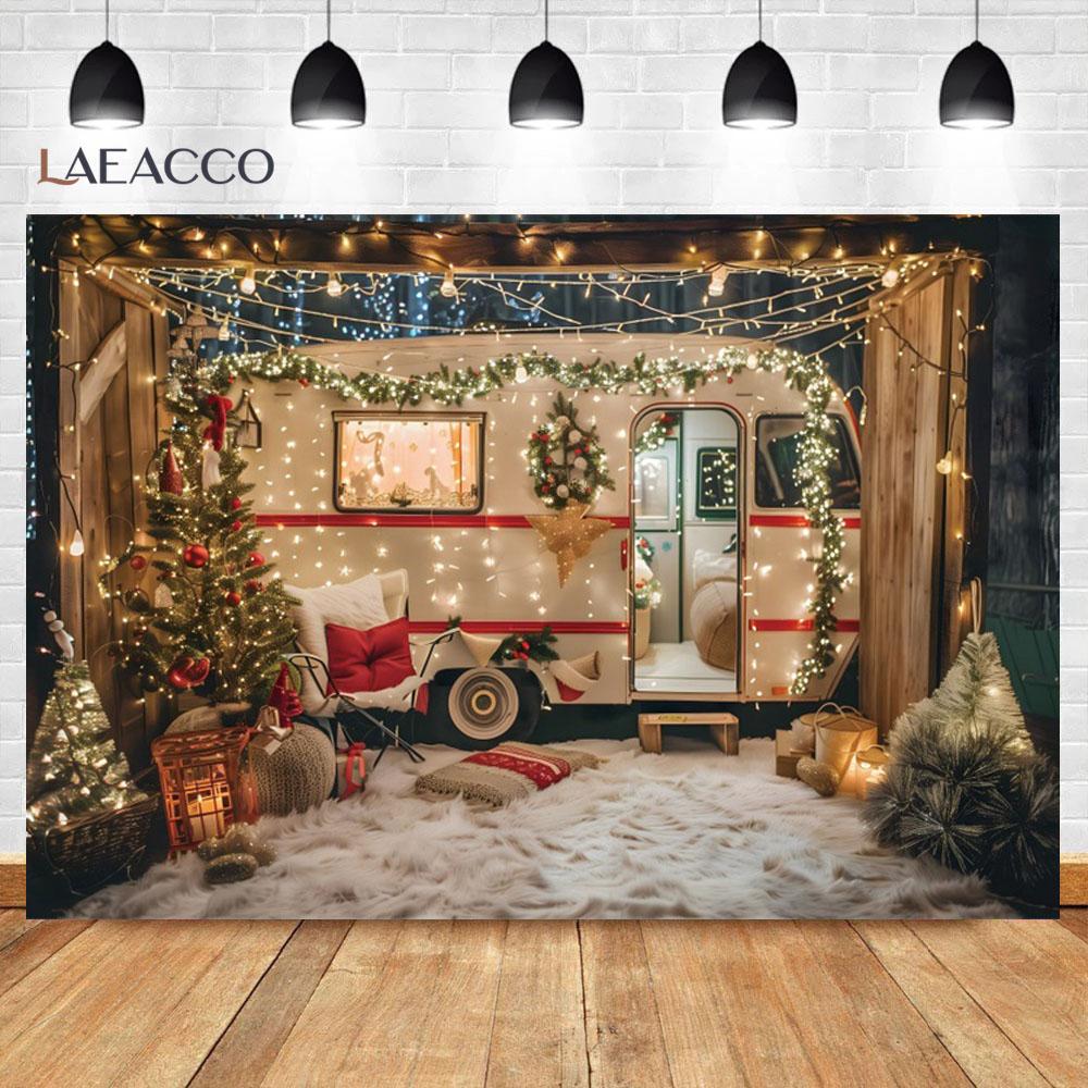 Laeacco Christmas Camper Pography Backdrop Winter Snowy Pine Trees Mini Bus Baby Birthday Family Holiday Portrait Background