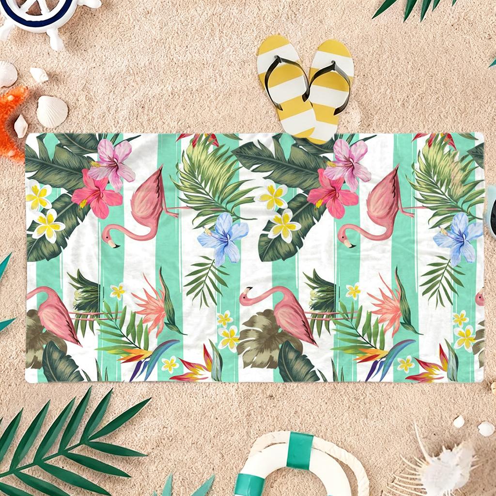 Flamingo Strandtuch Florales Design grün&weiße Streifen Super Saugfähig Geeignet für Strandurlaub Pool Sommergeschenk für Freund