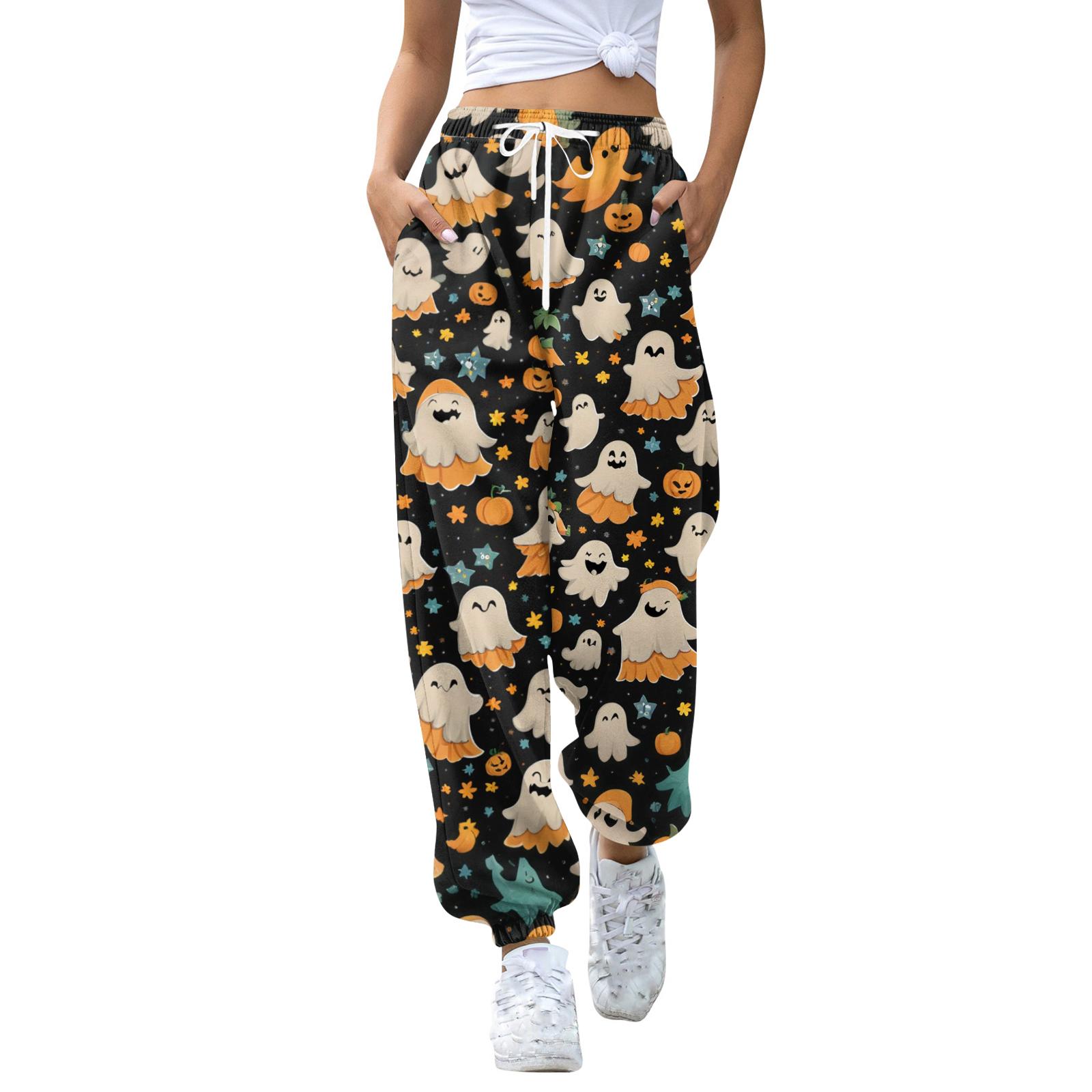 

Женские повседневные модные брюки-джоггеры с принтом на Хэллоуин, длинные брюки на кулиске с эластичным поясом и манжетами L