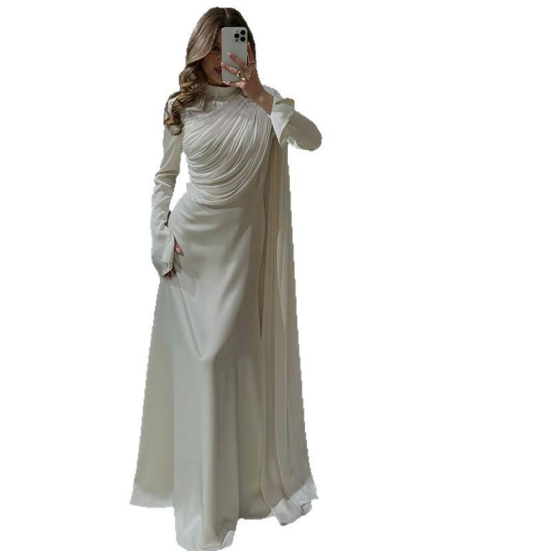 2025 European American Women's Pleated Irregular White Long Sleeve Slim Fit Dress