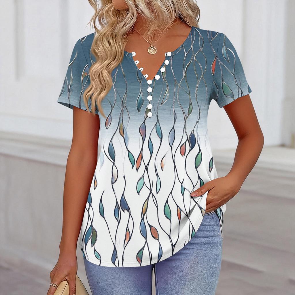 Damen Kurzarm Hemdbluse mit Blumenmuster, Henley-Kragen, Knopfleiste, Lässige lockere Passform, Oberteil für den täglichen Gebrauch und Outdoor-Aktivitäten