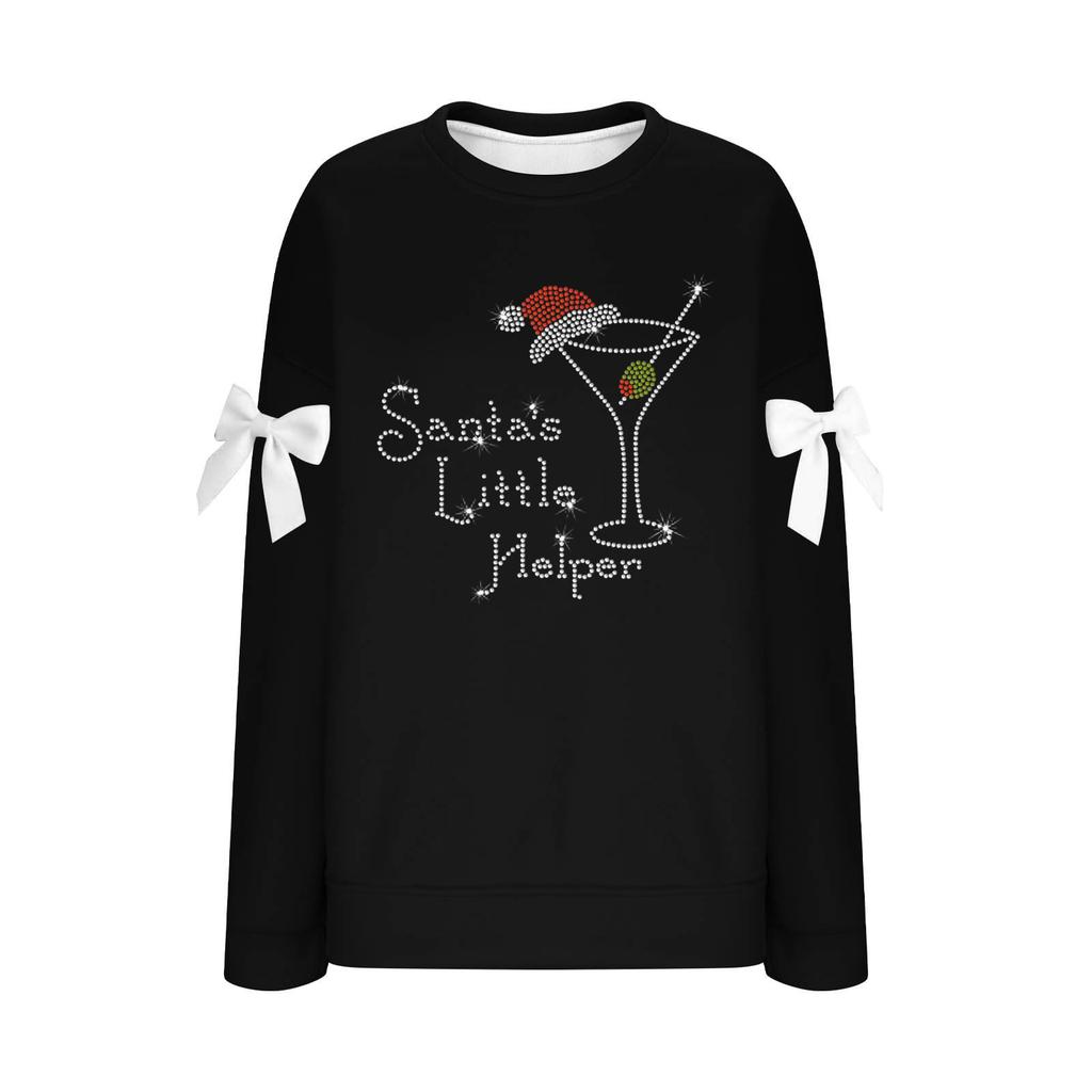 Ladies' Christmas Printed Bow Round Neck Long Sleeved Loose Pullover Sweater Sweatshirt Top
