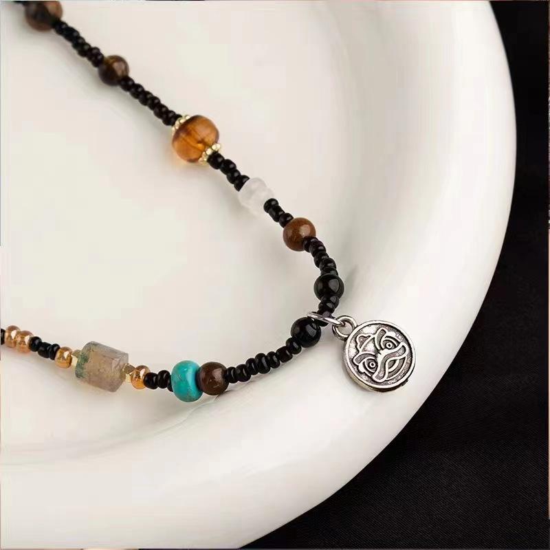 2025 Handmade Bone Beads Chain Lion Pendent Necklace Retro Beaded Stone Design Necklace New Chinese Ethnic Style