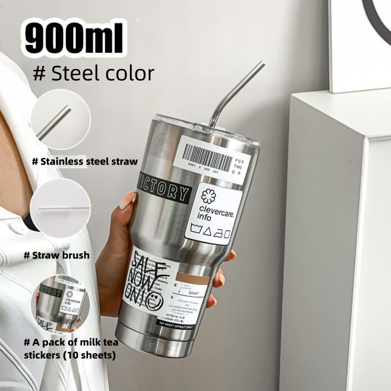 Stainless Steel Thermal Cup For Coffee Car Mug Freeze Thermos Vacuum Flask Water Bottle With Straw Keep Cold Hot Tumbler 900ml