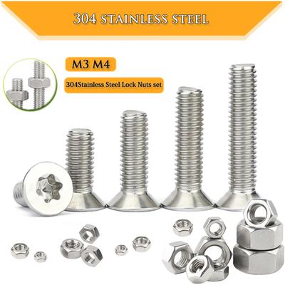 Juego de surtido de 25/50 tornillos y tuercas de cabeza avellanada plana Torx de acero inoxidable 304 M3/M4
