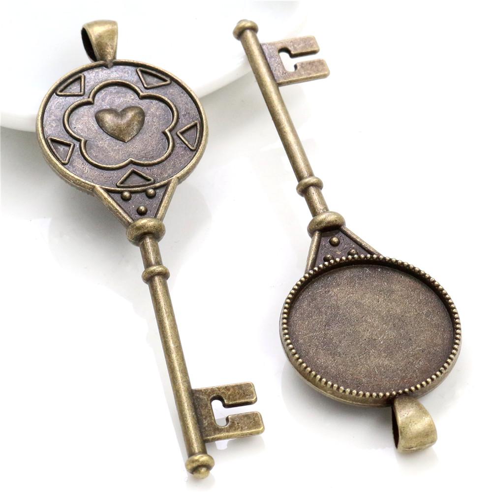 

5pcs 25mm Inner Size Antique Silver Plated Bronze and Black Key Style Cabochon Base Setting Charms Pendant