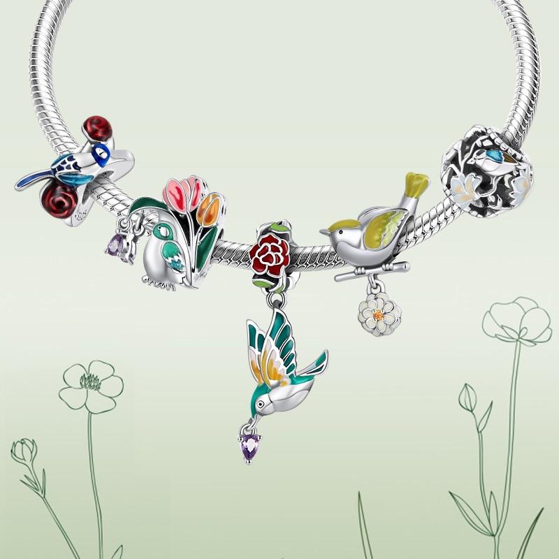 Bamoer Genuine 925 Sterling Silver Flower & Bird Charms Grain Rain Pendant Fit Women Snake Bracelet & Bangle Spring Jewelry Gift