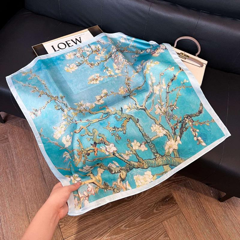 Fashion Black and White Printing Temperament Square Scarf Imitation Silk Korean Version Decorative Scarf Scarf Professional Decorative Shawl Silk Scar