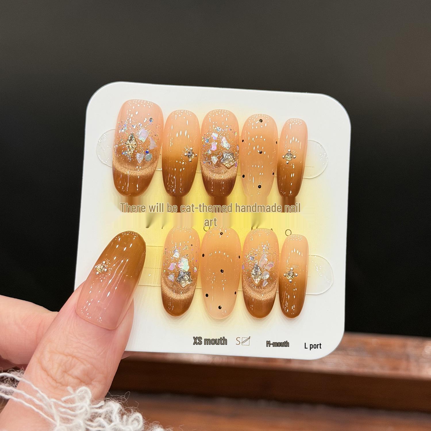Sweet Orange Gradient Cat Eye Sparkle Handmade Wearable Nails S - Narrow Oval