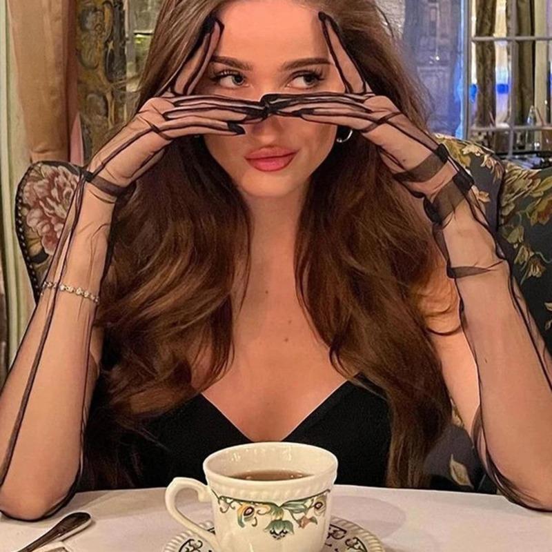 1pc Woman Festival Colorful Long Satin Transparent Gloves with Fingers Black White Red Sexy Dance Party Theme Halloween Wedding