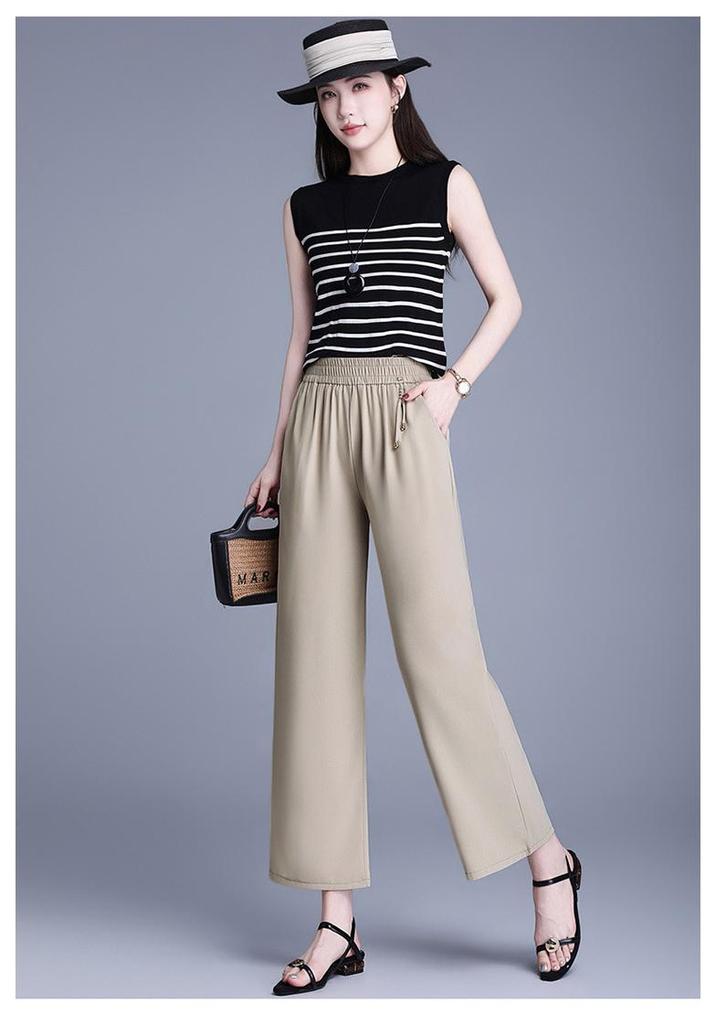 Elastic Waist Wide-Leg Pants for Middle-Aged Women, 9-Point Length, Spring & Autumn