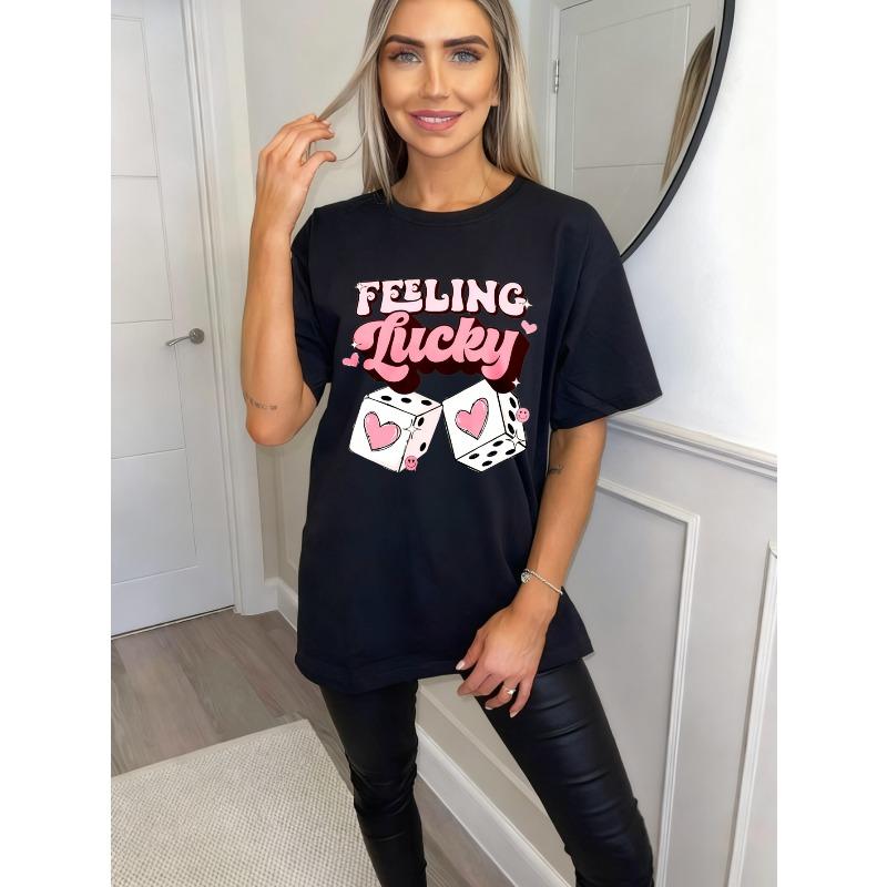 Feeling Lucky Oversized T Shirt Black Pink Dice Heart Print Casual Summer Top For Women Party Outfit