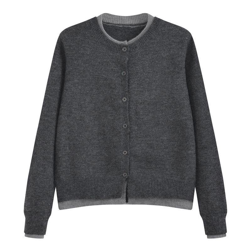 

Женские кардиганы вязаные однотонные с эффектом двойки, с контрастной вставкой, свитер-пальто, осенняя повседневная верхняя одежда для корейских женщин, топы L темно серый