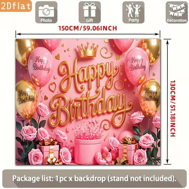2D Sweet Pink Gold Birthday Backdrop Banner Princess Themed Happy Birthday Party Decor Background
