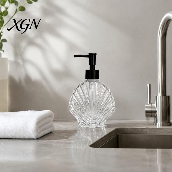 Lotion Glass Container 400ML Beach Seashell Refillable Soap Dispenser, Liquid Hand Bottle Container, Pump for Bathroom Kitchen Countertop Dispenser
