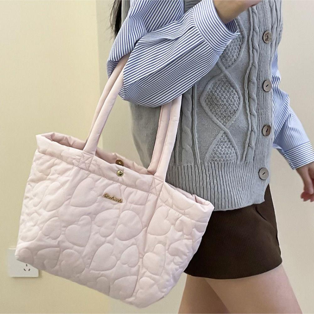 Large Capacity Heart Printed Shoulder Bag Solid Color Nylon Handbag Cute Down Bag  Autumn Winter