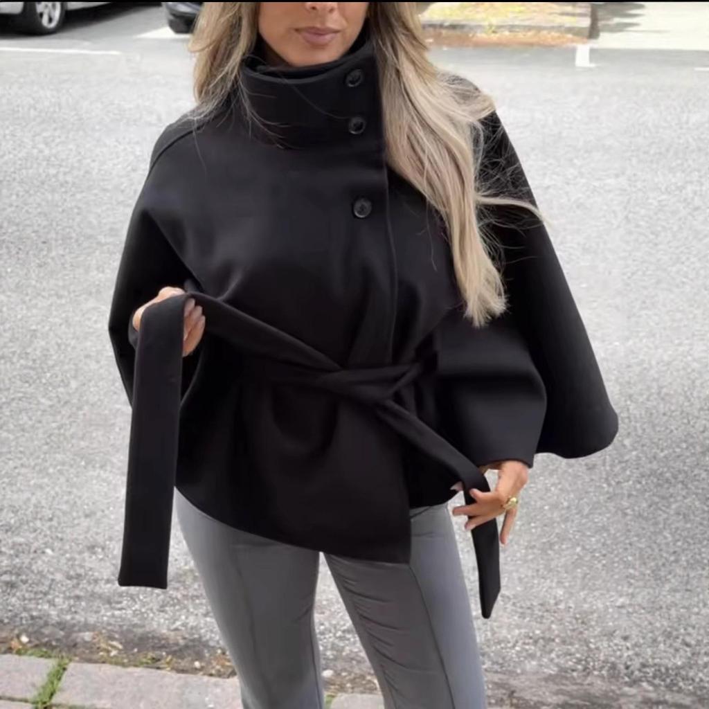 2025 Women's Fashion Loose Stand-Up Collar Bathrobe-Style Belted Coat - European & American Style