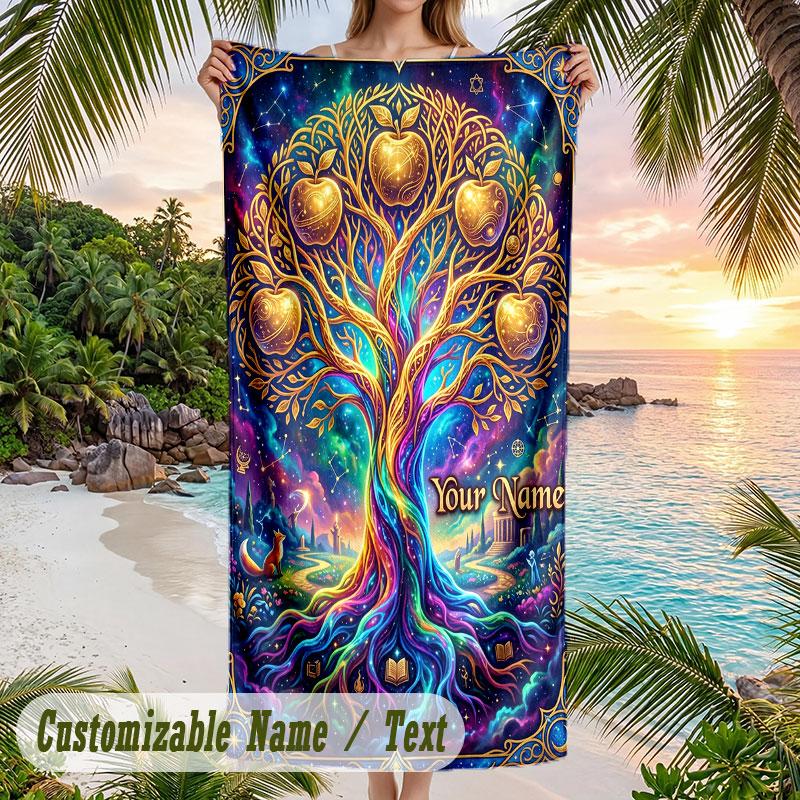 Tree Life Celestial Harmony Theme Quick Dry Beach Towel Custom Name Text Print Large Sand Resistant Towel Beach Vacation