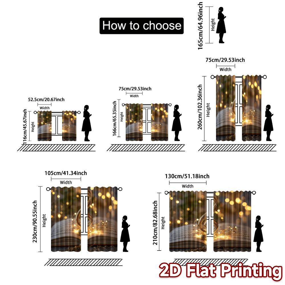2pcs, 2D FLAT PRINTING Curtains (Without Rod) Golden Melody Light Filtering Popular Curtains Machine Washable Fabric Curtains