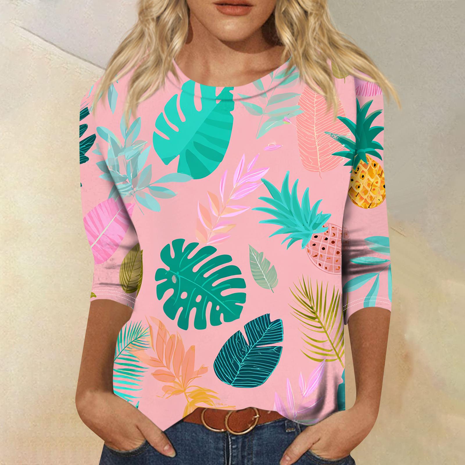 

Women s Fashionable Casual Round Neck Three-quarter Sleeve Hawaiian Print T-shirt Top S рожевий