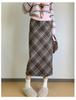 Roter Retro-Woll-Karo-Rock mit Schlitz - Herbst/Winter Beflockter, formender Hüftwickelrock