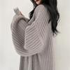2024 Autumn/Winter Women's Korean Ribbed Knit Cardigan with Lantern Sleeves - Solid Color, Lazy Style Trend