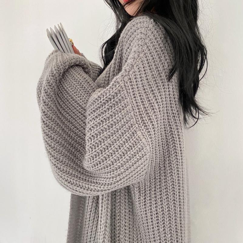 2024 Autumn/Winter Women's Korean Ribbed Knit Cardigan with Lantern Sleeves - Solid Color, Lazy Style Trend
