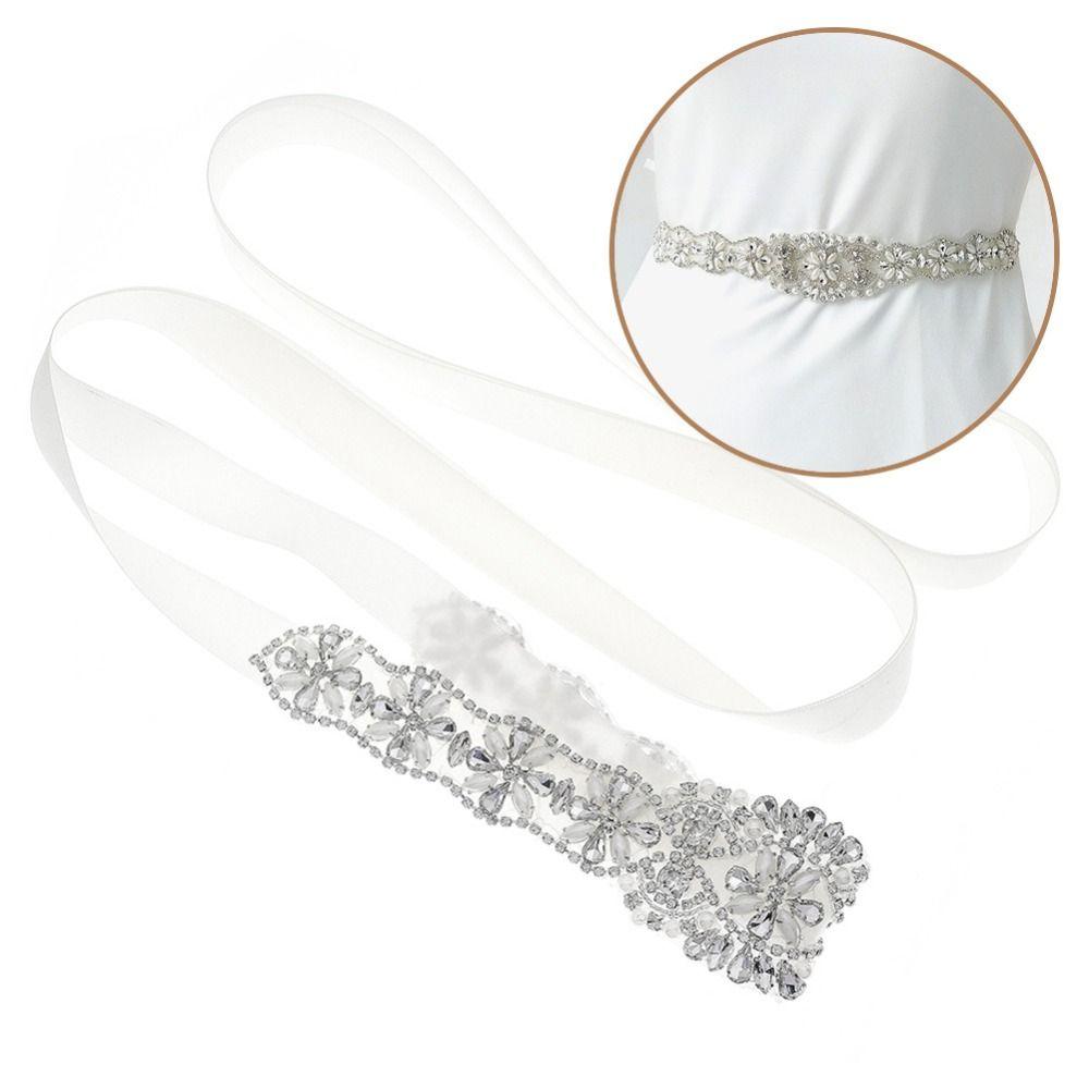 Sweet Silver Wedding Rhinestone Belt Satin Dresses Accessories Wedding Ribbon Sash Crystal Pearls Bridal Belt Women's Belts
