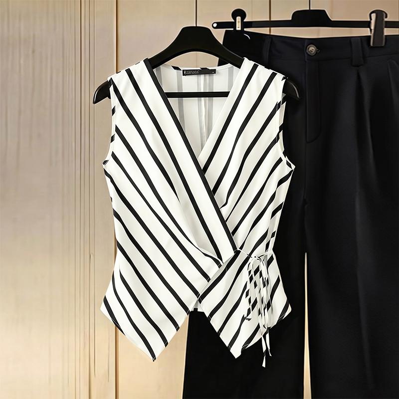 ZANZEA Women Commute Casual V-neck Stripe Sleeveless Vest Tops M белый