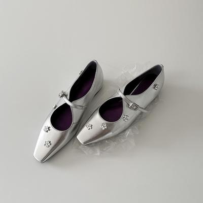 2025 New French Rhinestone Flower Inner Height Increase Small Square Head Light Mouth Single Shoes Women's Word Belt Silver Mary Jane Shoes