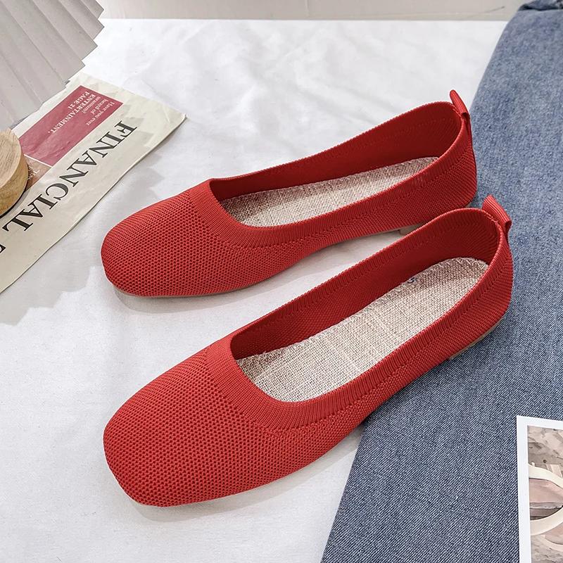 WomenSummer Fashion Knitted Mesh Breathable Ladies Loafers Comfort Square Toe Casual Flats Women Work Shoes Comfortable for Work