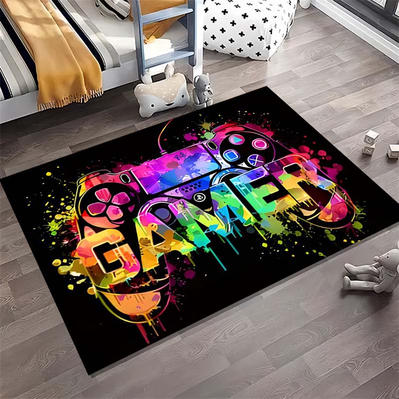 Colorful Graffiti Game Controller Gamer Print Doormat Black Non Slip Rectangular Floor Mat Gaming Room Entryway Bedroom Home Decor Rug