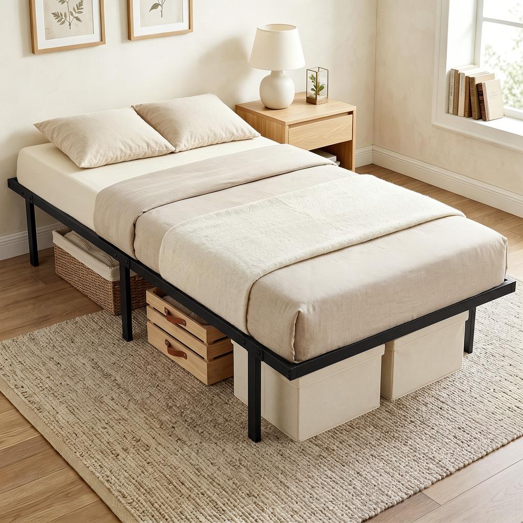 Struttura del letto, 90 x 200 cm Letto in metallo con spazio sotto il letto, Struttura in metallo con base a doghe, Non richiede rete a doghe