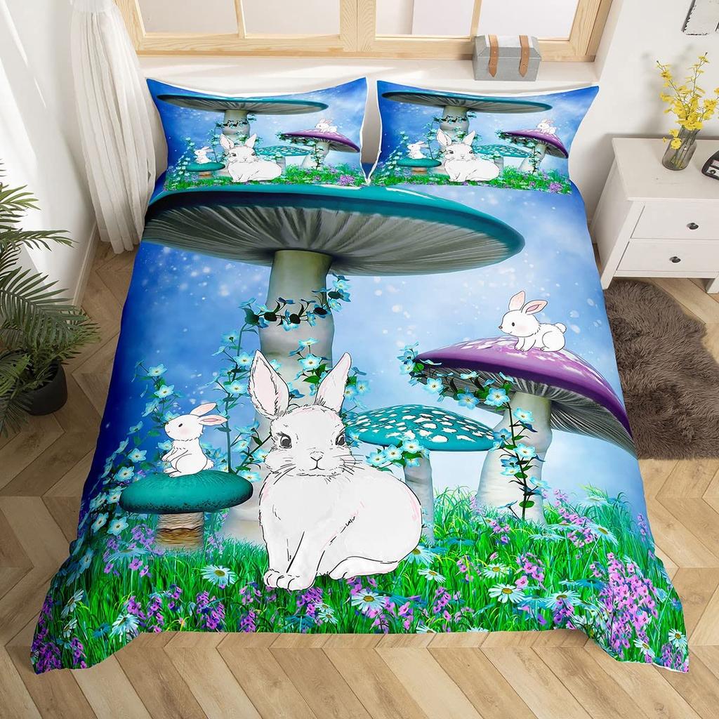 Cartoon Rabbit Duvet Cover Twin Cute Animal On The Moon Quilt Cover Microfiber Cloud Galaxy Space Bedding Set for Boy Girl Gift