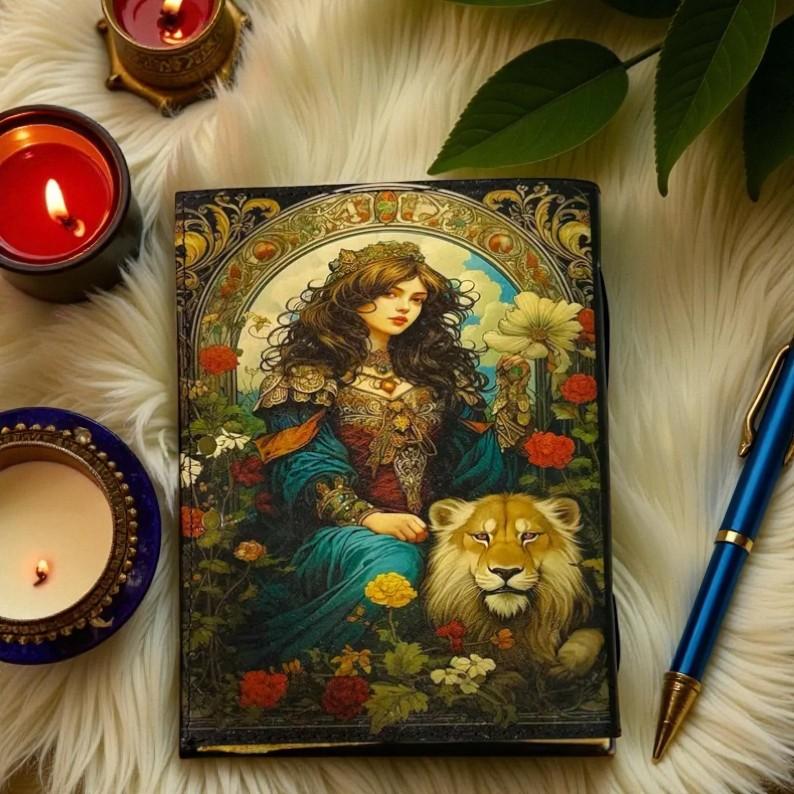 Handmade Goddess & Lion Leather Journal | 5×7" Vintage Notebook | Medieval Art Diary with Lock | Floral Mythical Writing Journal