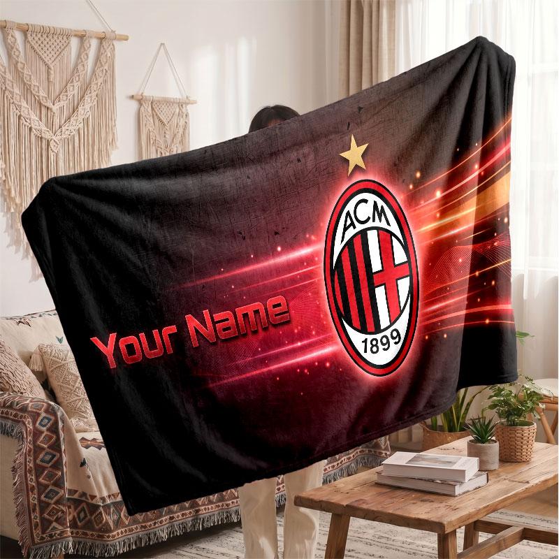Coperta in Pile Personalizzata AC Milan con Logo Calcio, Testo Nome Personalizzato Morbida Calda Coperta da Divano per la Casa