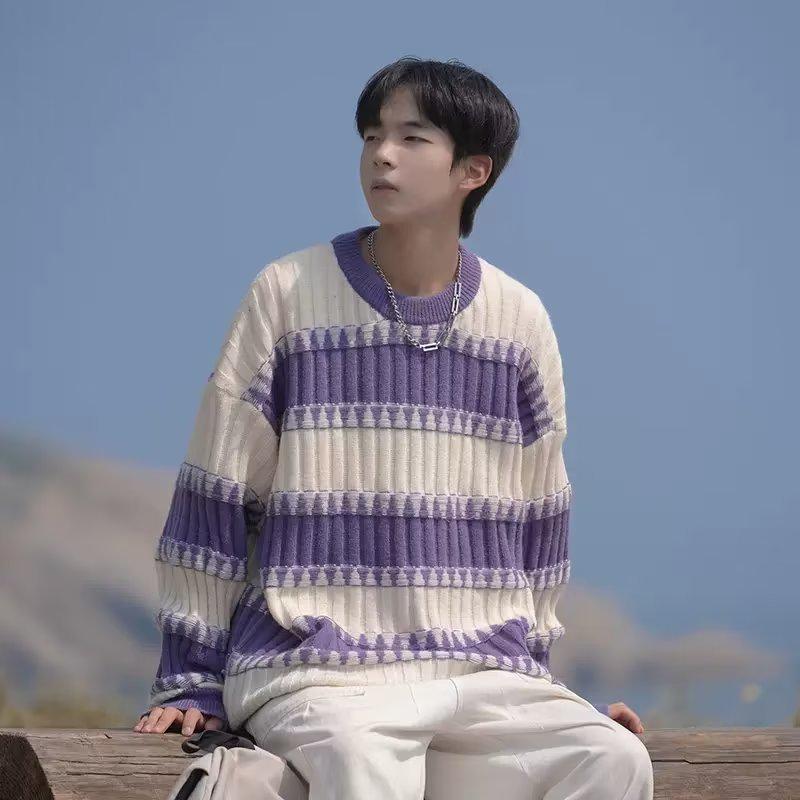 Unisex Color-Block Striped Sweater, Autumn/Winter, Trendy Loose Fit, Round Neck Knitwear, Casual Couple s Style. Large