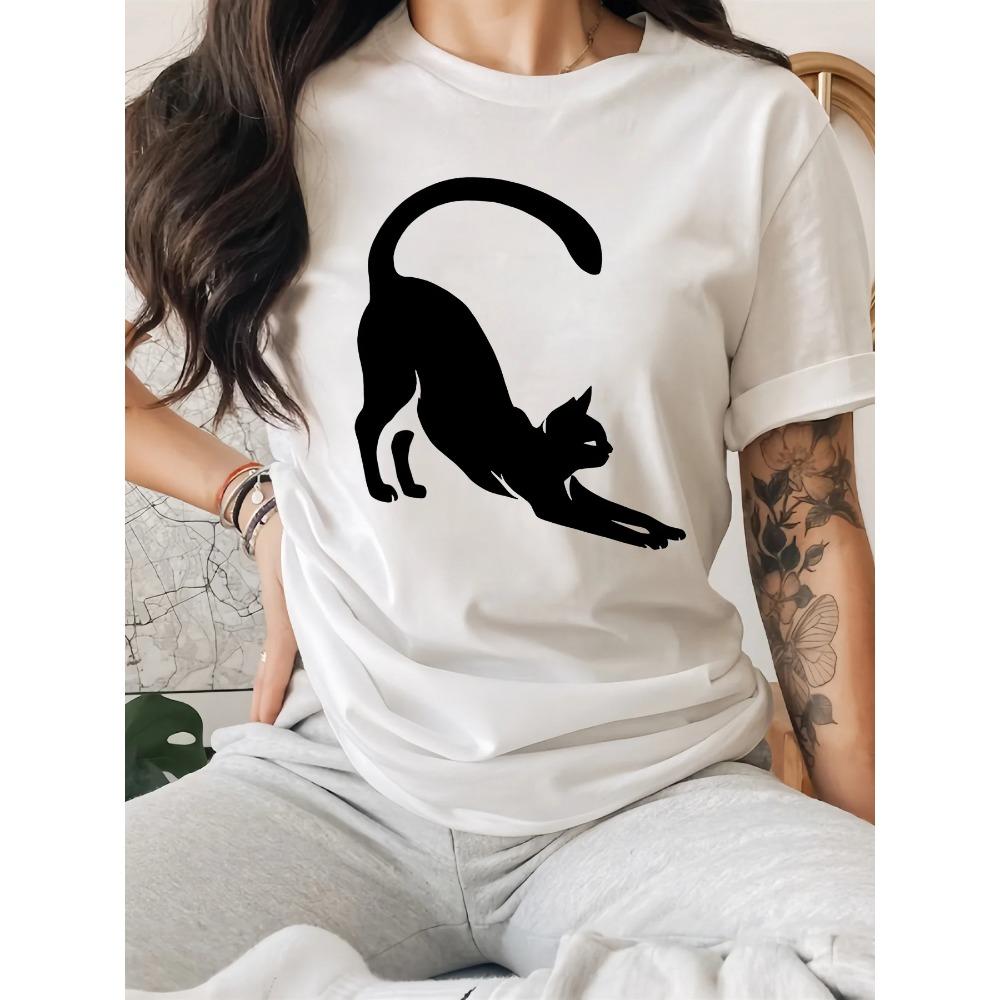 Cat Print Tshirt Short Sleeve Crew Neck Casual Top for Summer Womens Casual Summer Tops Daily Wear Tshirt Clothing