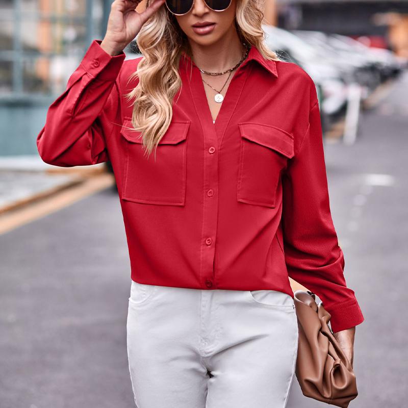 Damen Langarmhemd mit zwei Taschen Übergröße Einfarbig Lässig zum Knöpfen Bluse