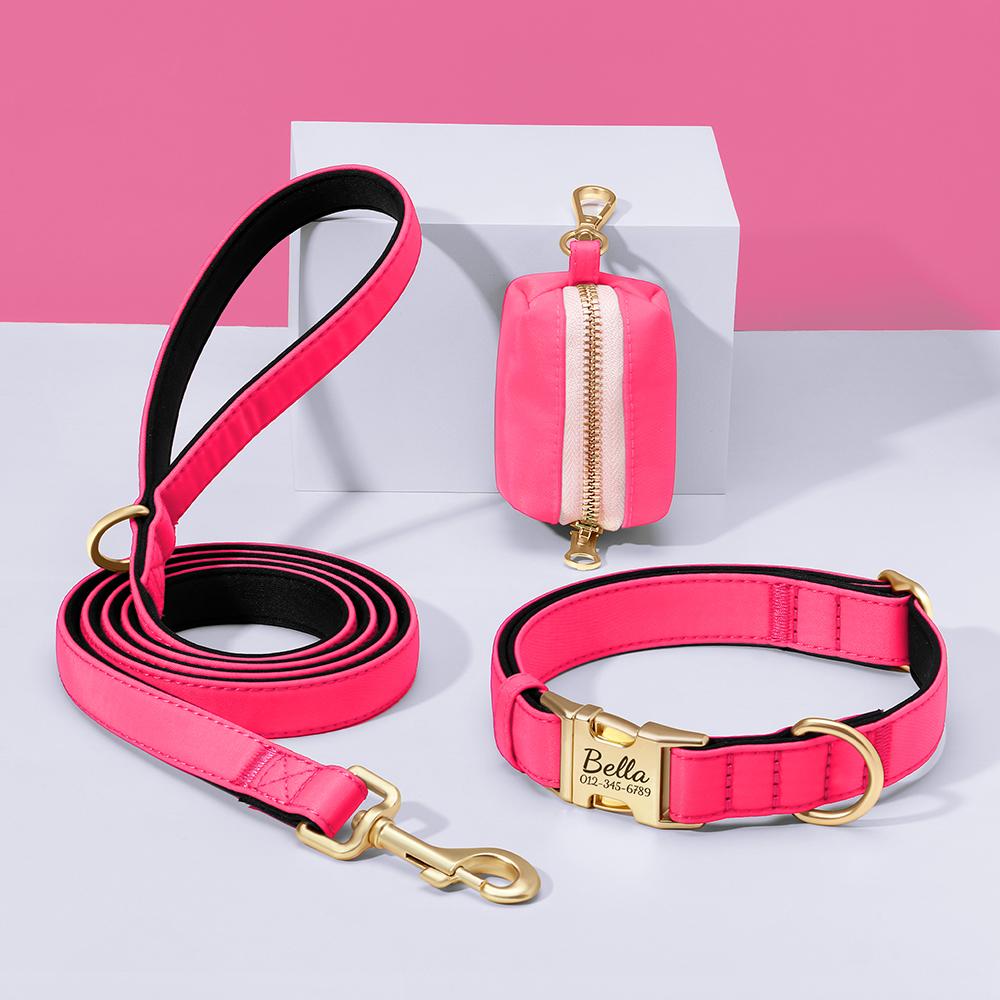 

Personalized Dog Collar Leash Bag Colorful Dog Collars Durable Nylon Pet Buckle Necklace With Leashes Poop Bag Soft for Dogs Pug S розовый