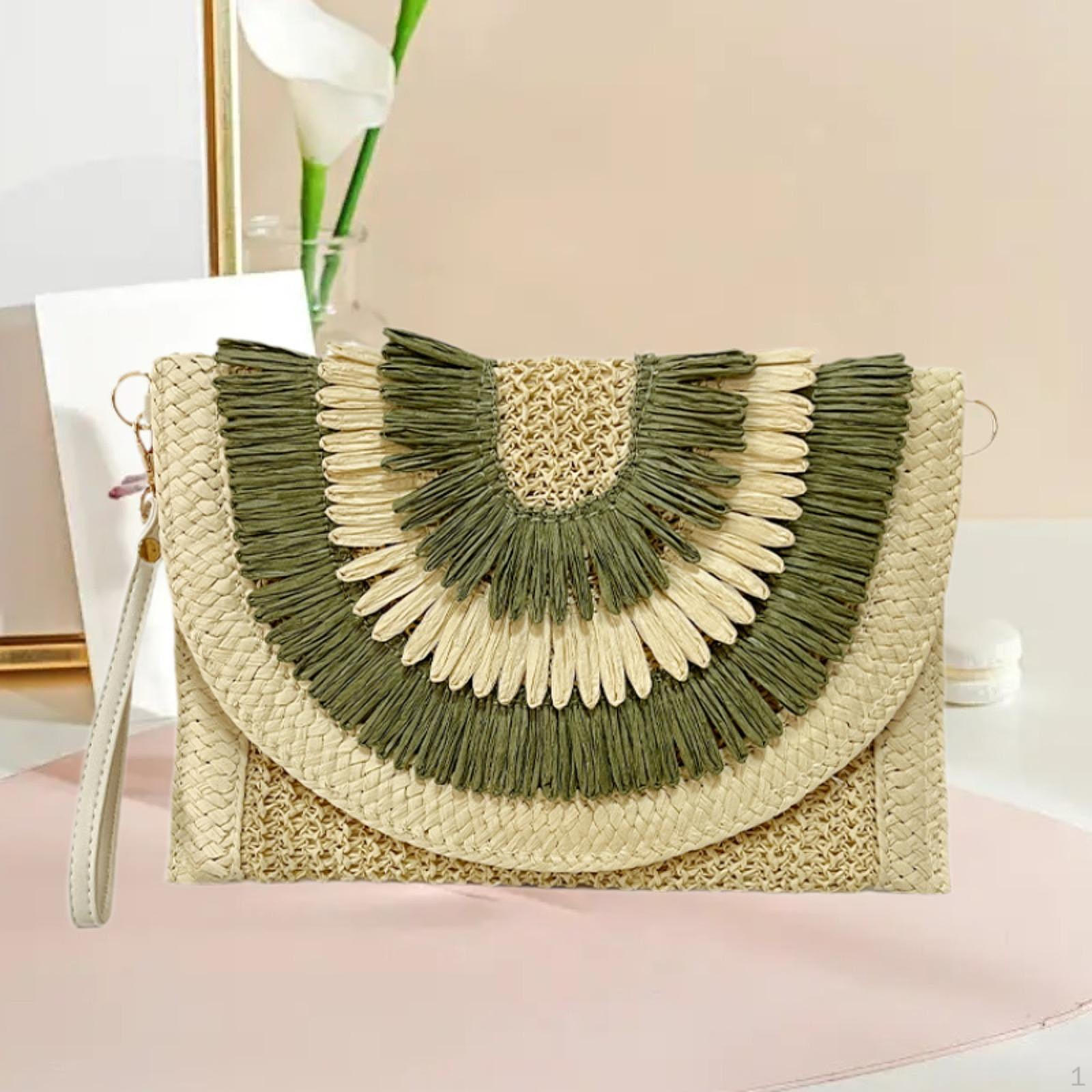 

Богемная плетеная сумка-конверт ручной работы 29x20 см, кошелек-клатч для повседневных выходов бежевый