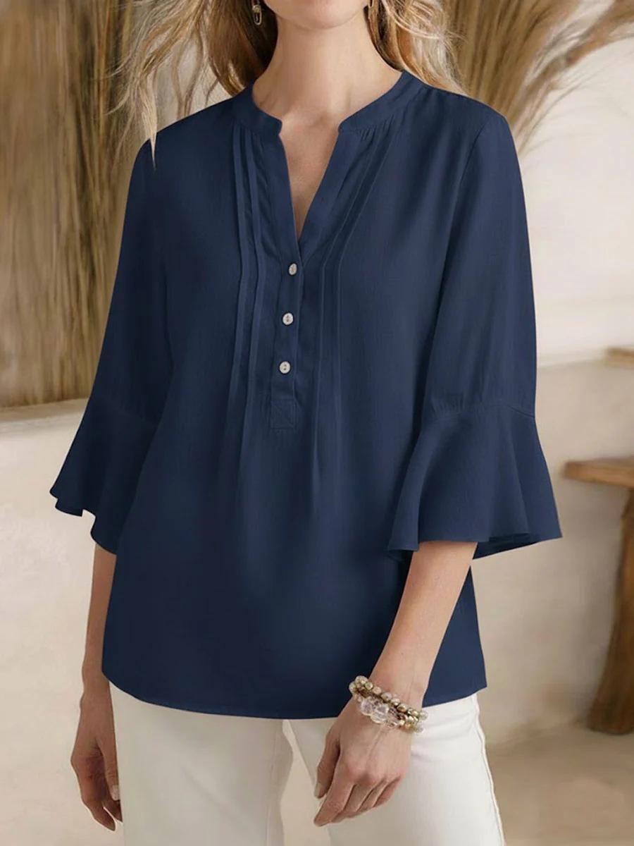 

2026 Ruffle Seven-Sleeve V-Neck Top, Solid Color, Fashionable Casual Loose Shirt L темно-синий