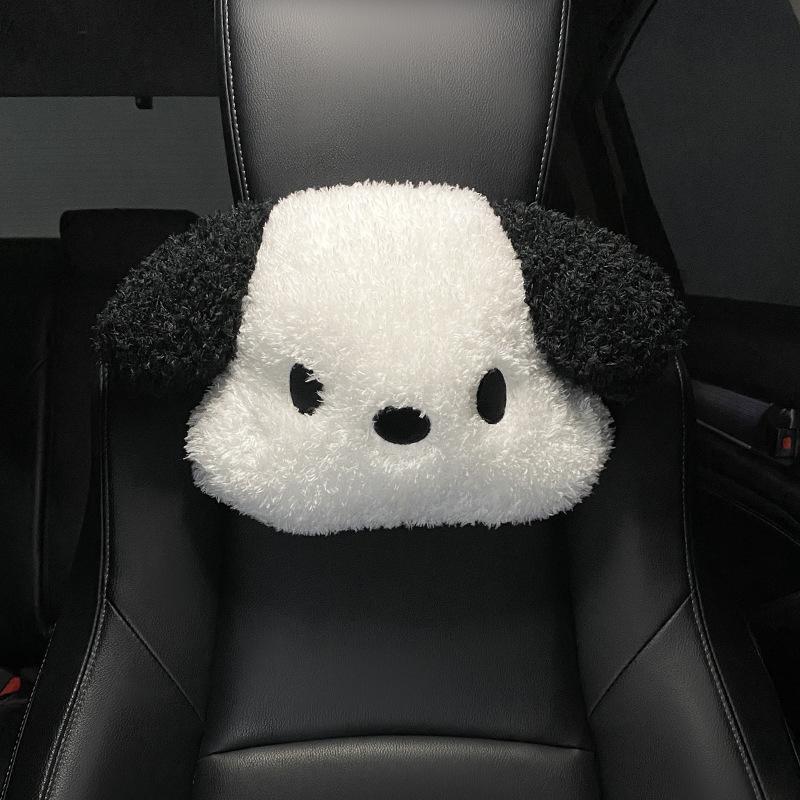 Niedliches schwarz-weißes Hunde-Auto-Kopfstützenkissen aus Plüsch, bequem und bequem