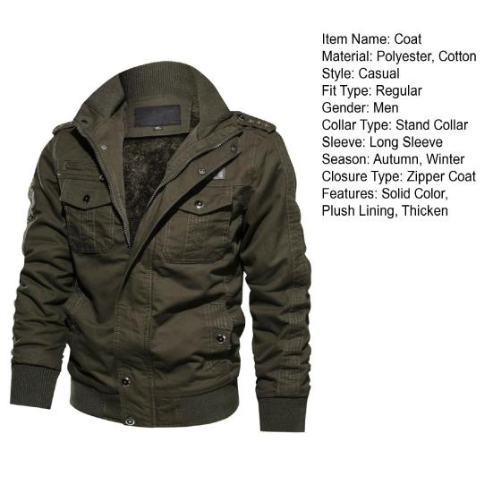 Men Bomber Jacket Plush Lining Multi Pockets Solid Color Zipper Closure Coldproof Autumn Winter Cargo Coat Windbreaker Streetwear