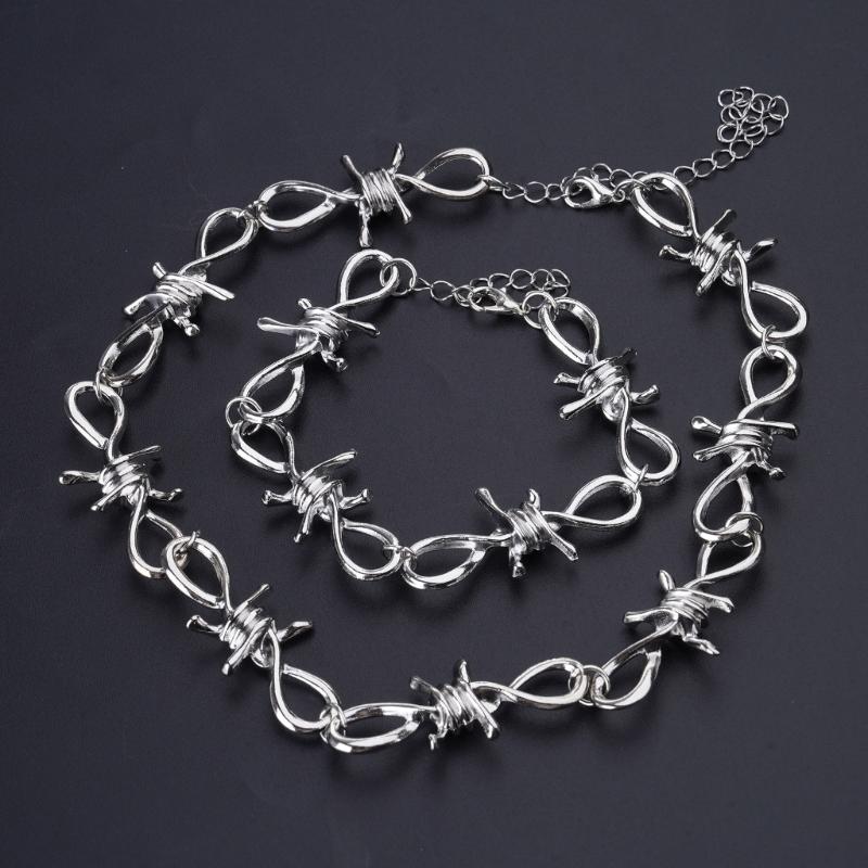 Personalized Men's Jewelry Set Alloy Barbed Wire Brambles Bracelet Necklace Decor Festival Gift for Halloween Birthday